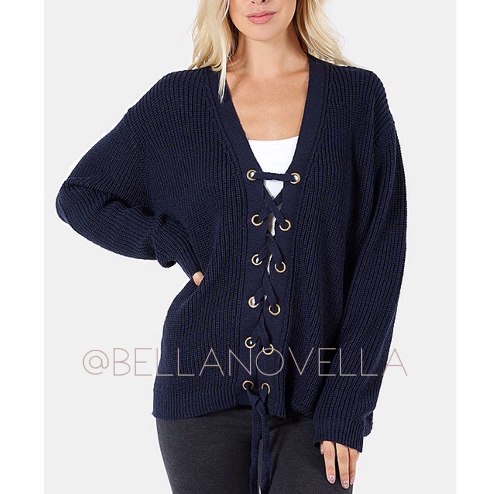 Navy Blue Lace Up Chunky Sweater sz Small NEW Boutique item - Picture 2 of 7